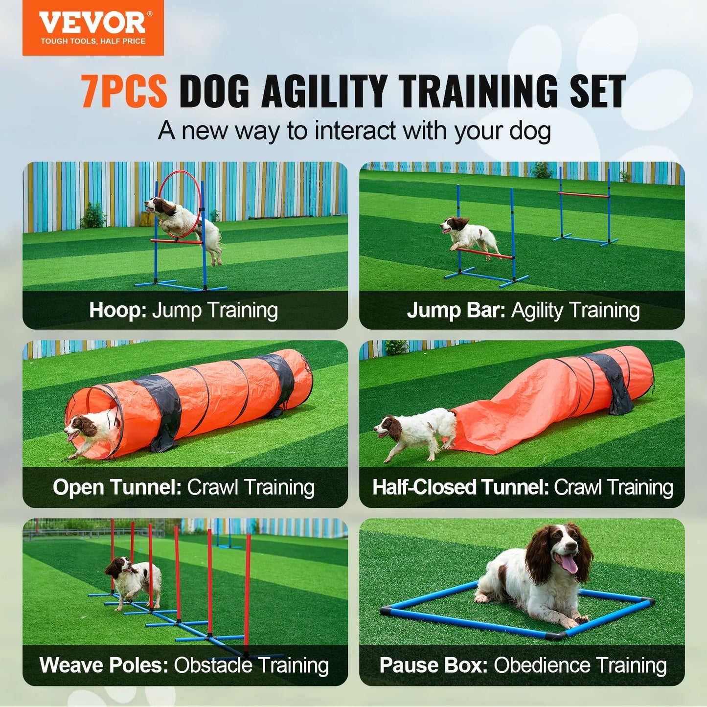 The set inclues; Hoops, Jump bars, Open tunnel, Half-closed tunnel, Weave Poles and a Pause box.