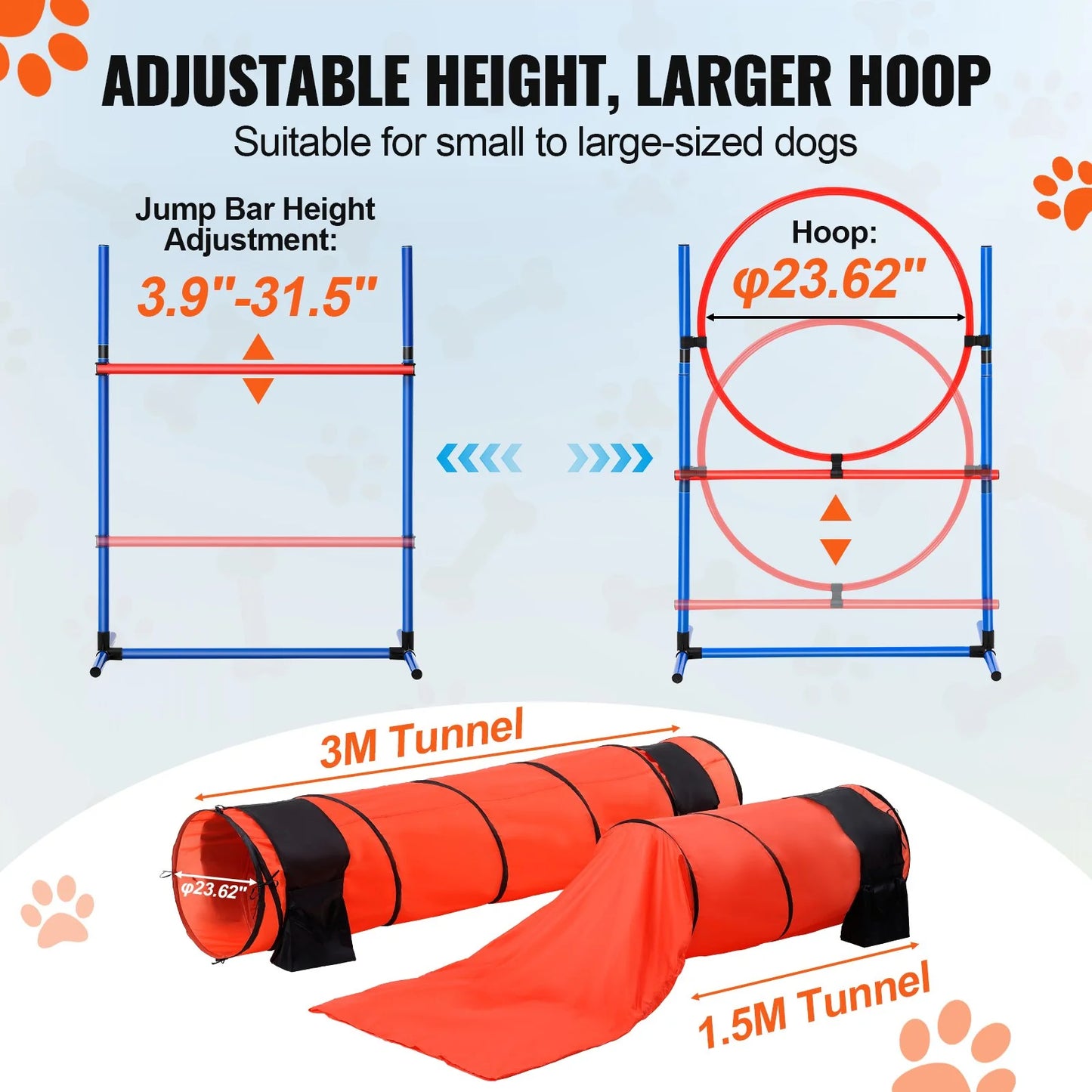 The Hoops and The jump Bars have adjustable height and large hoops.