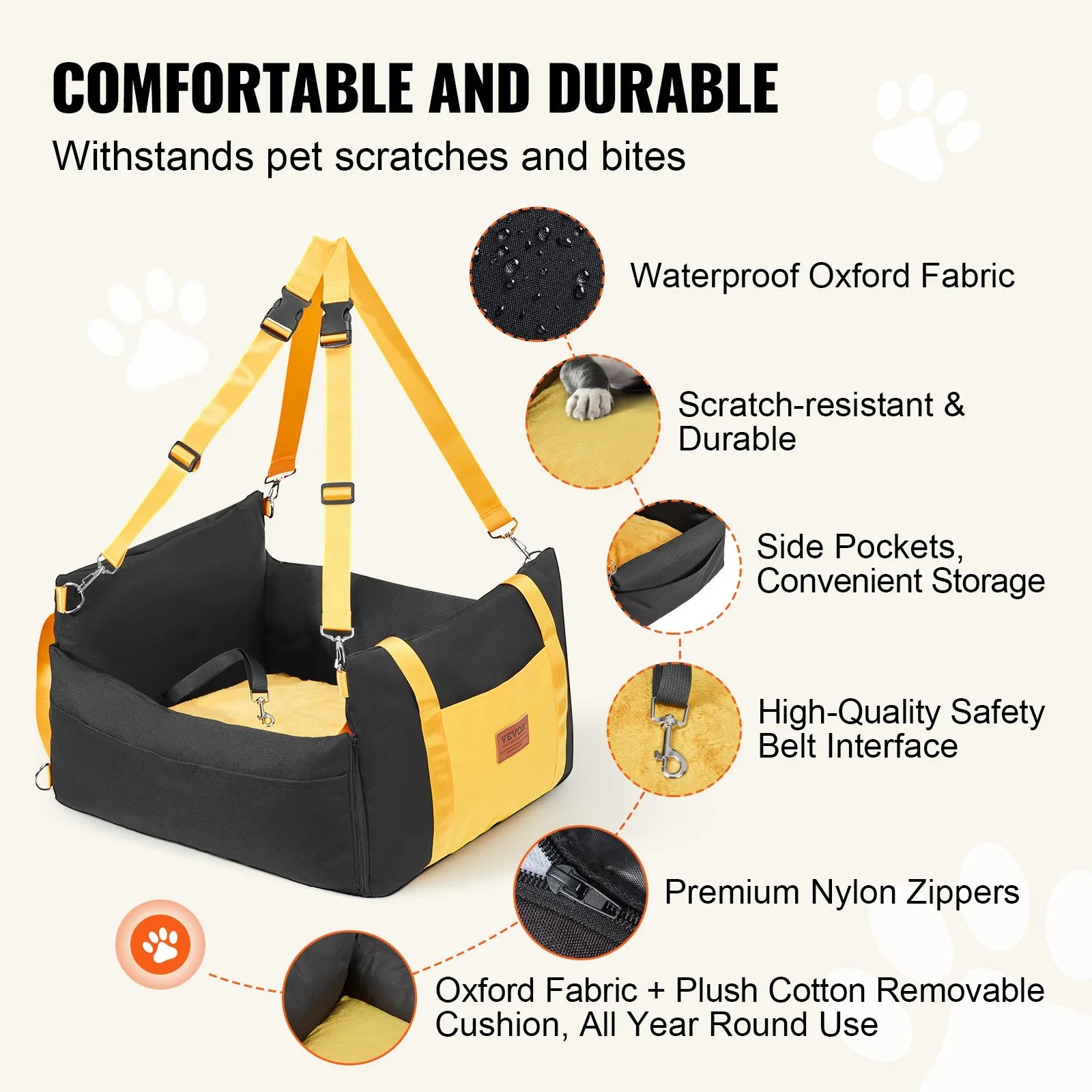 The car seat is waterproof, scratch-resistant and durable with side pockets, safety belt and a removable cushion for the dog to sit on.