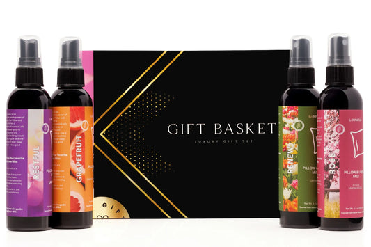 Great Aromatherapy Gift basket with Four Different Essensial Oil mists; Rose & Sandalwood, Grapefruit & Bergamot, Lavender and Green Tea.