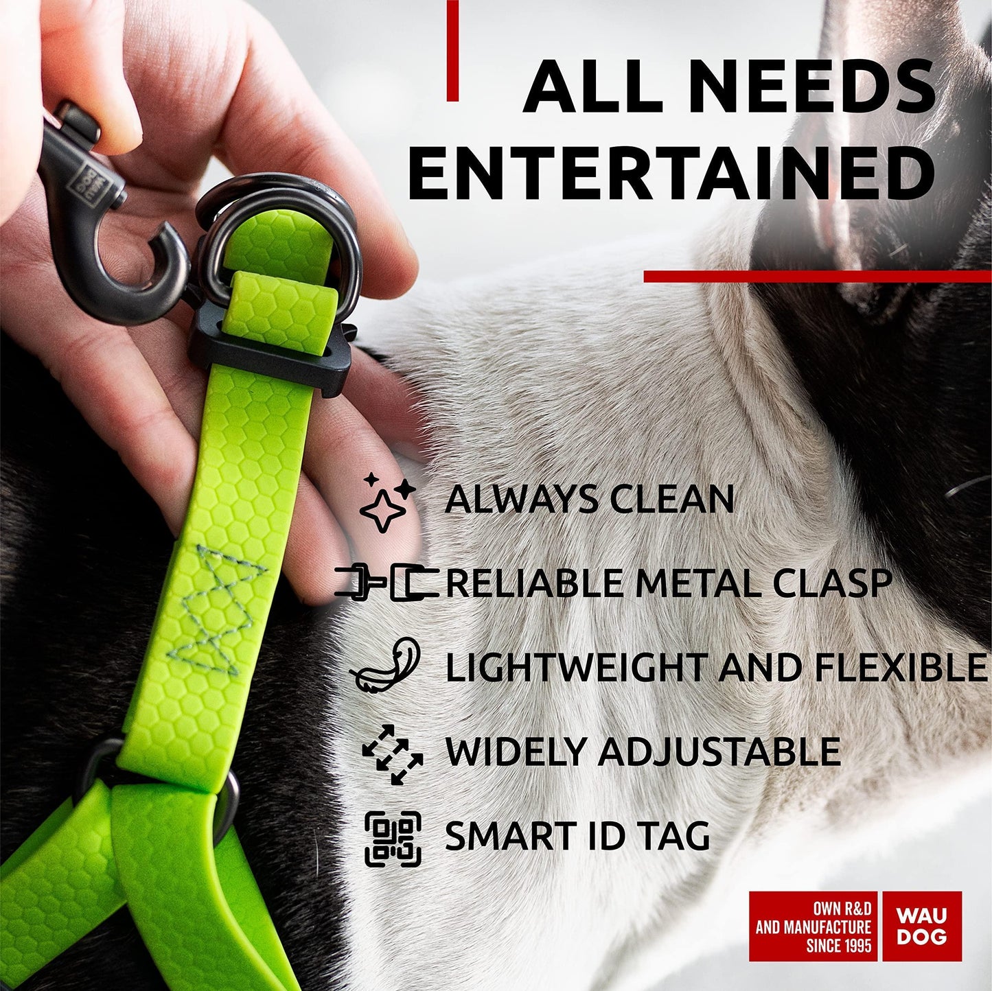 This harness is lightweight and flexible, adjustable and has a smart ID tag.