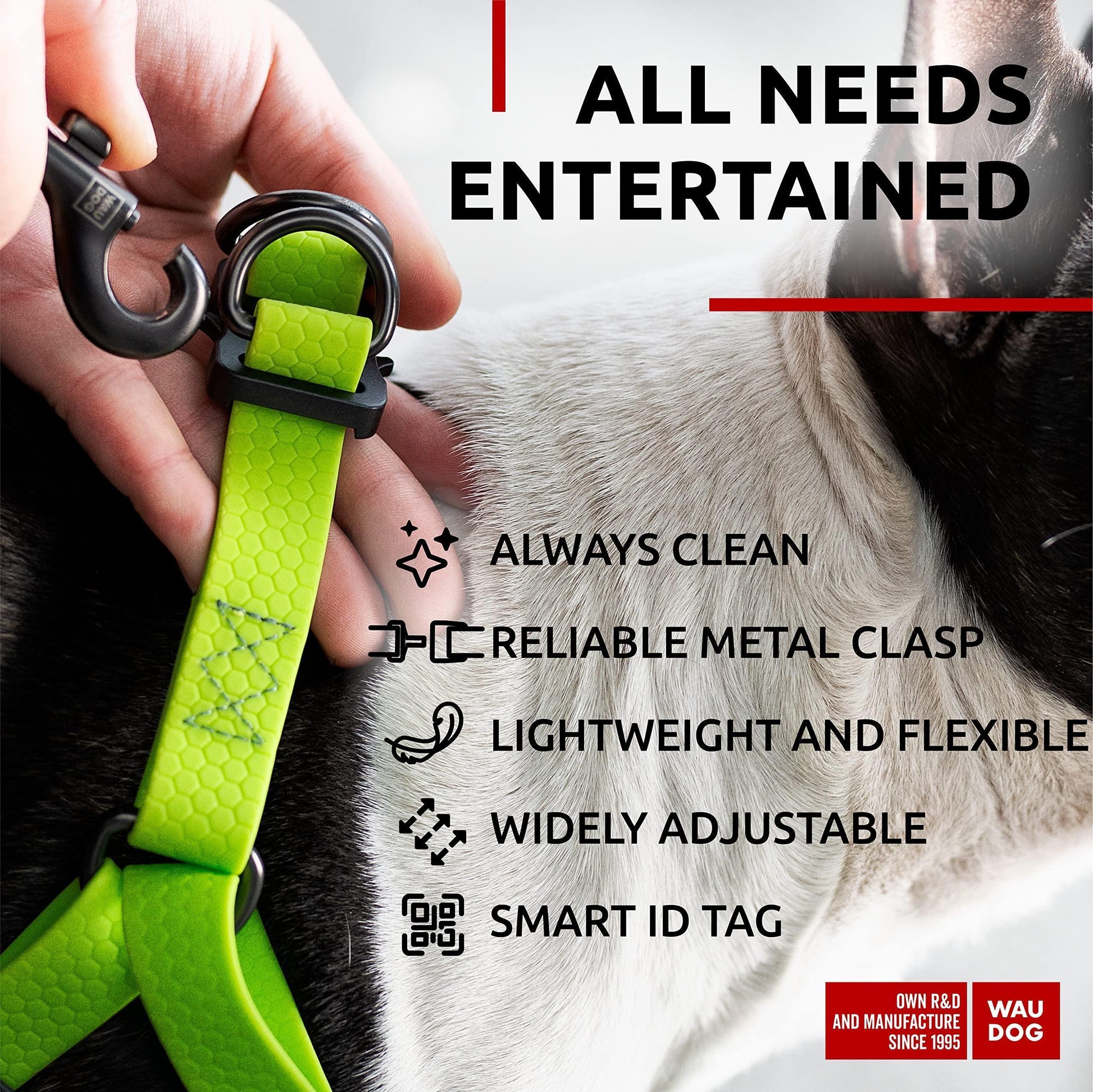 This harness is lightweight and flexible, adjustable and has a smart ID tag.