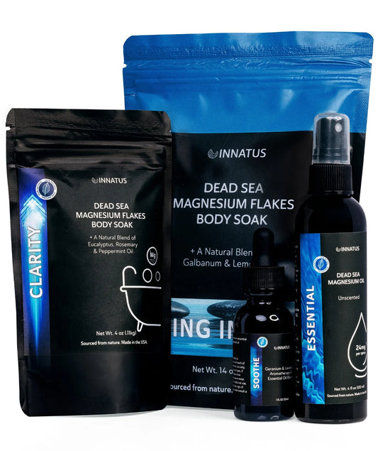 This luxury spa gift set includes:
 -Dead Sea Magnesium flakes Body Soak
  with Galbanum & Lemon
-Dead sea Magnesium flakes Body soak
  with a natural blend of Rosemary,   
  Eucalyptus  & Peppermint oil
- Unsented Dead sea Magnesium oil
- Geranium & Lavender Aromateraphy
   essential oil