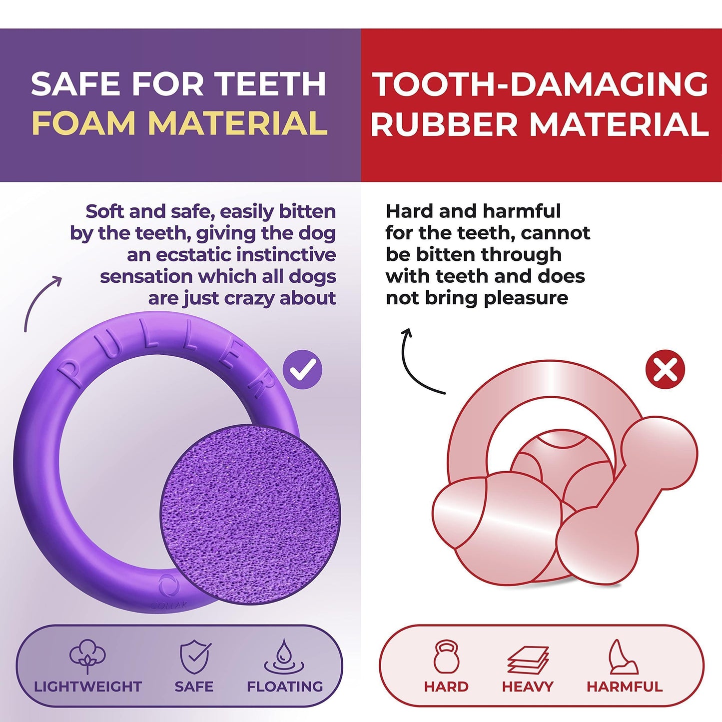 The ring is made of a foam material that's safe for the dogs teeth
